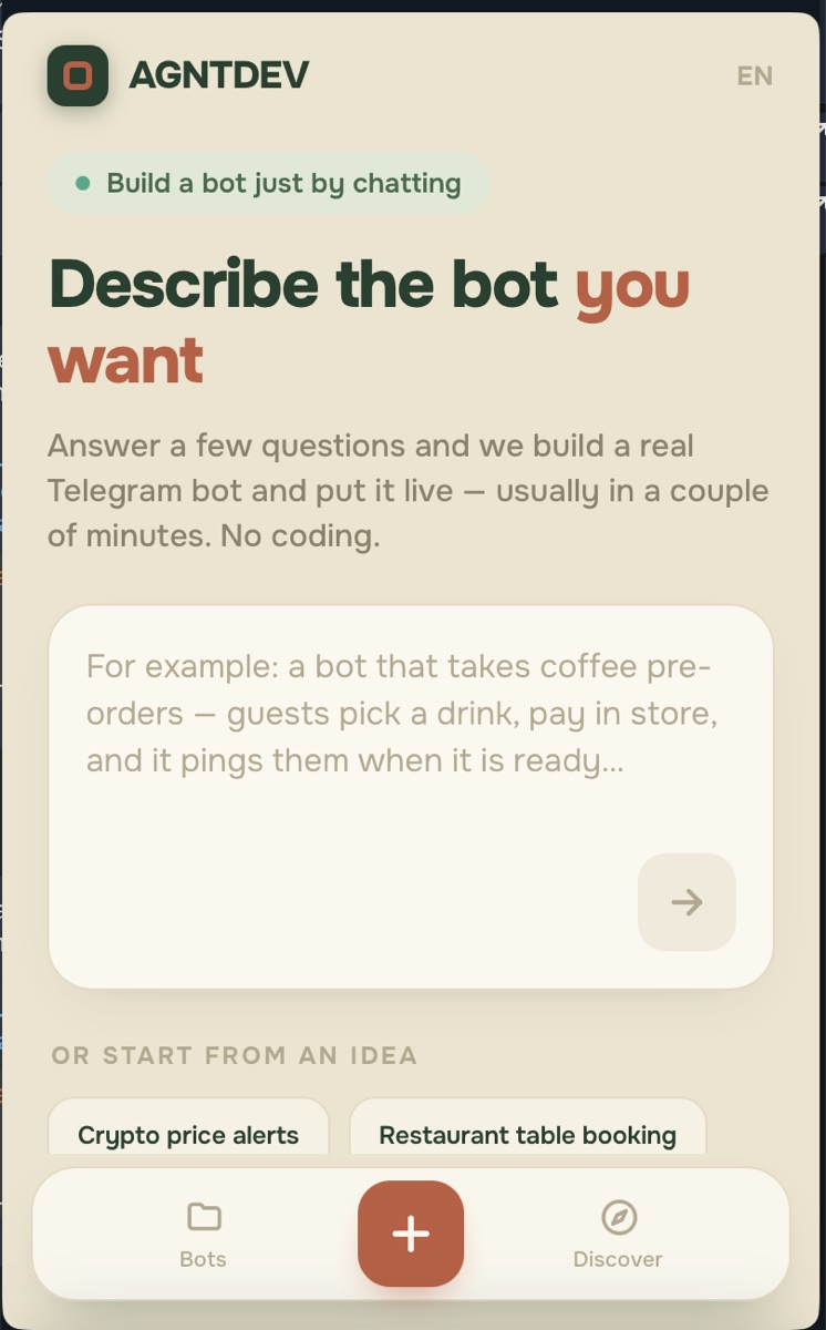 Agent Platform interface for describing a Telegram bot