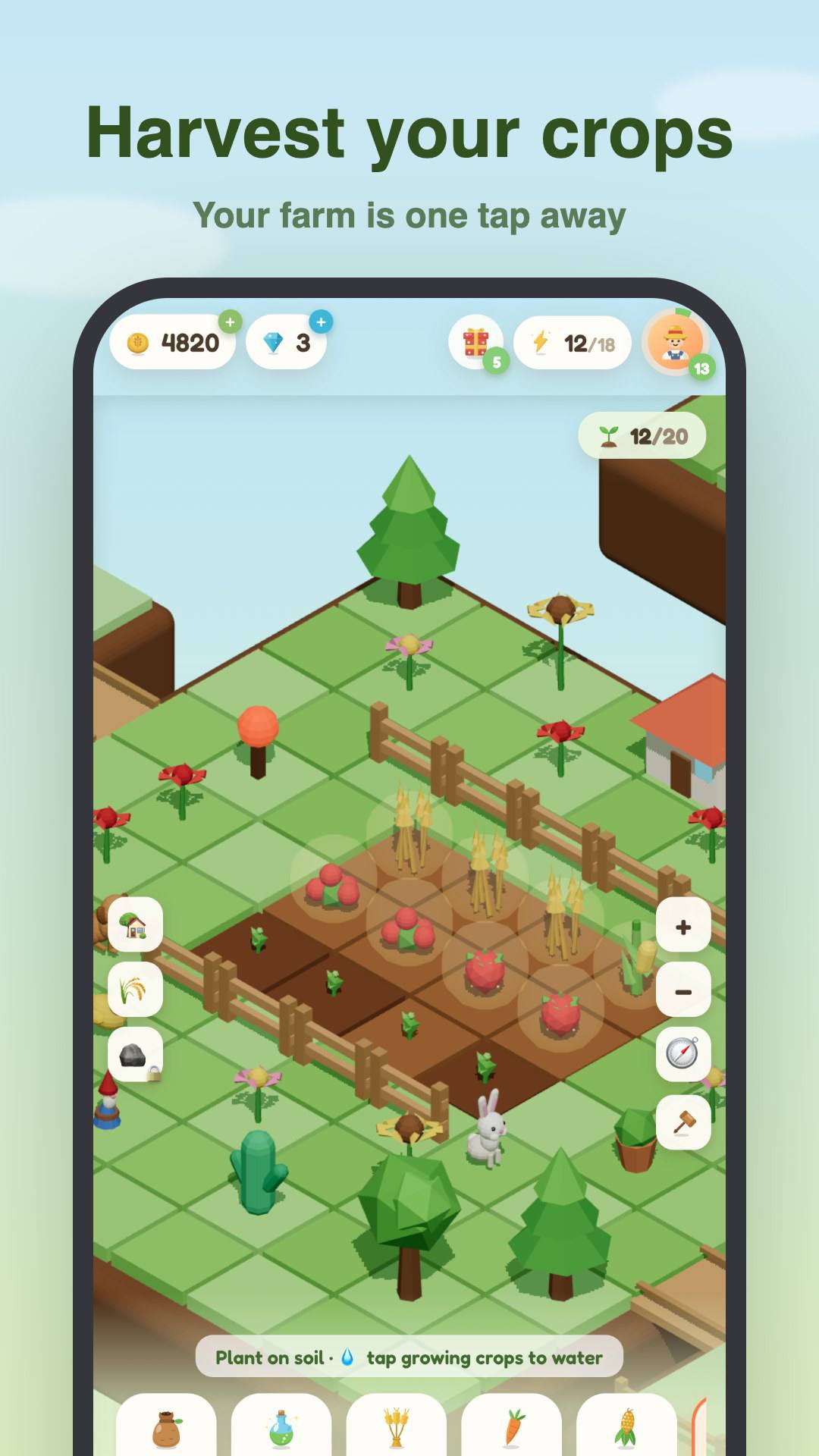 Happy Farmer game showing crops ready to harvest on an isometric farm