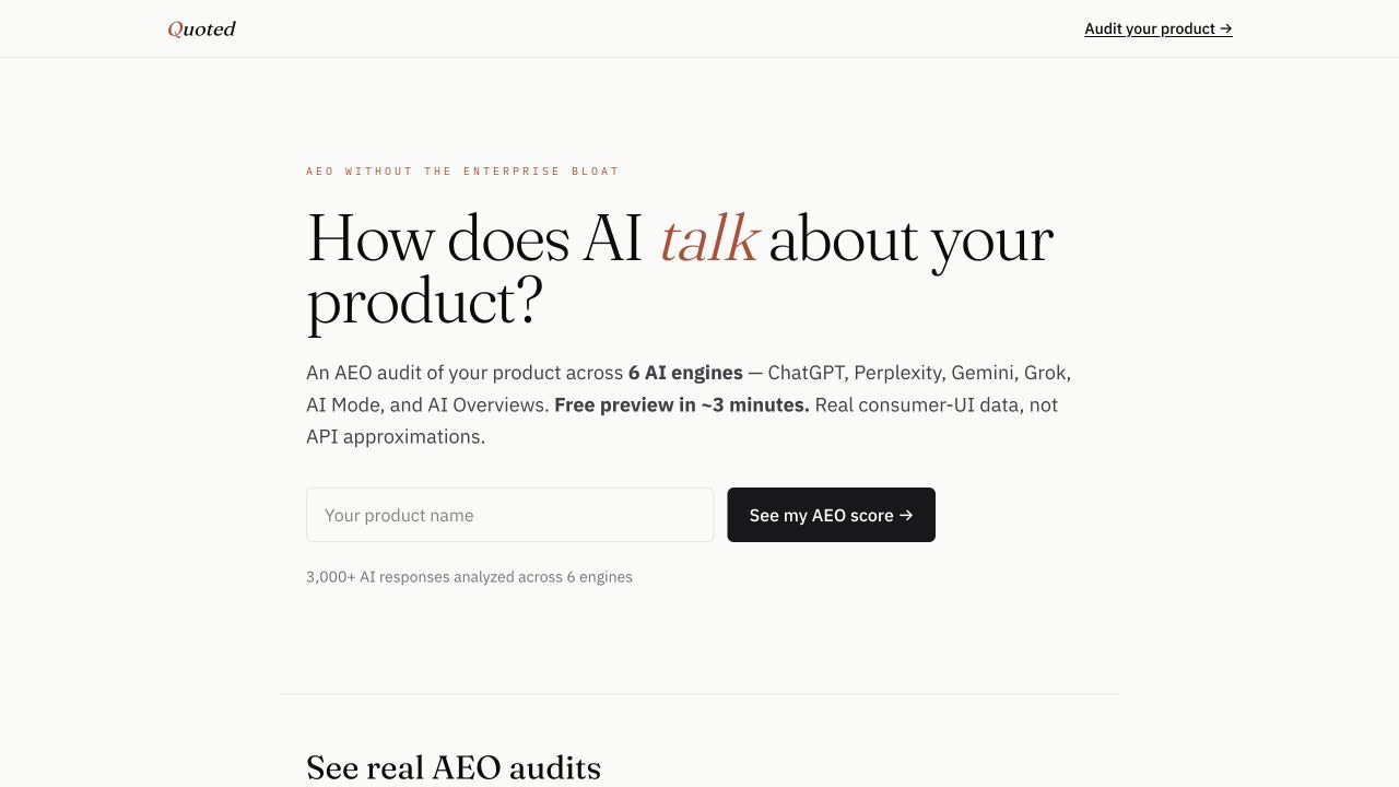 Quoted product page showing an AI visibility audit